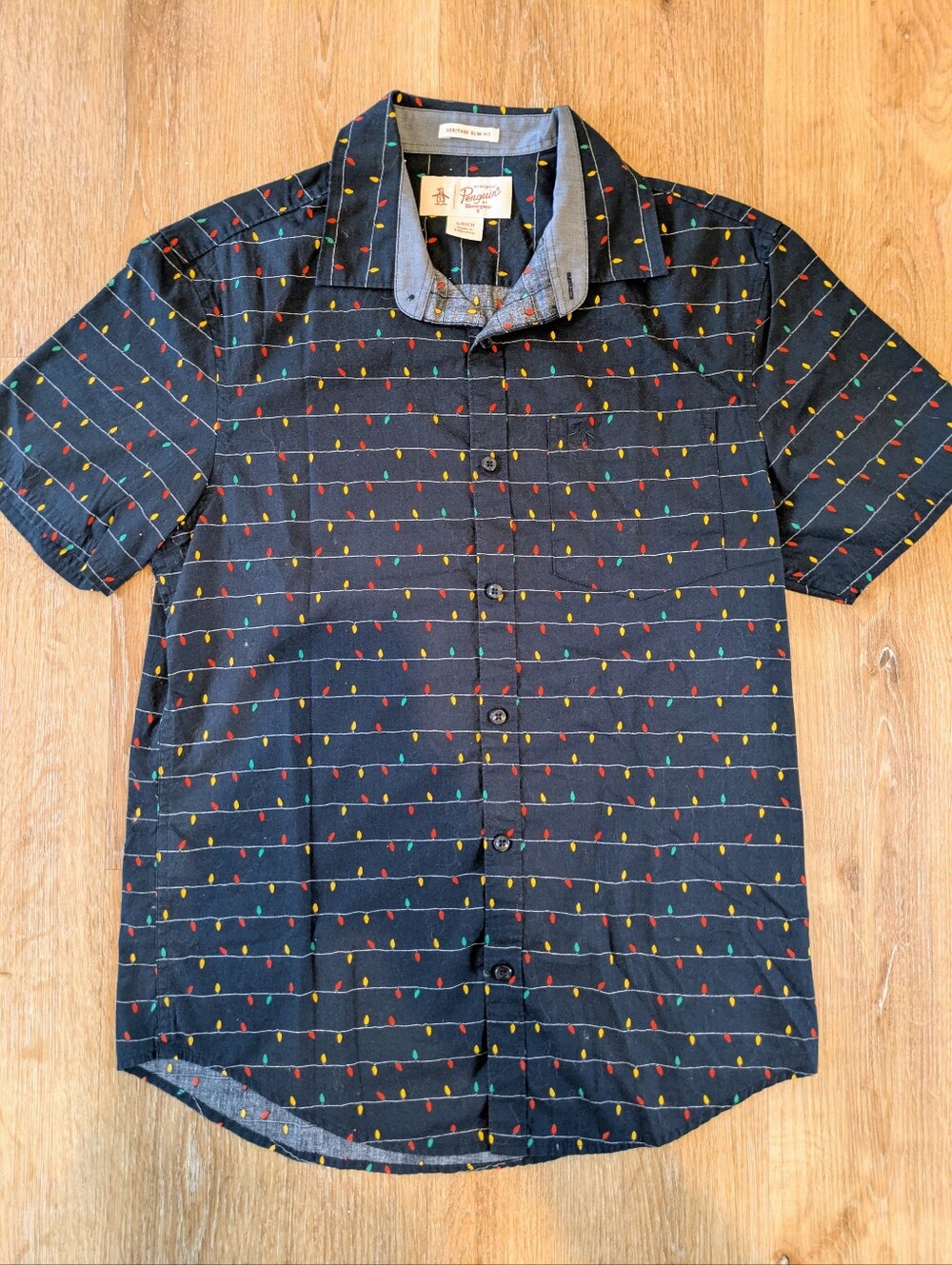 Original Penguin Navy Short-Sleeve Button-Up Shirt with Multicolor Light Print